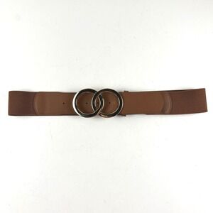 Elastic Waist Belt Women OS Brown Double Circle Gold Buckle Cinch Classic Modern